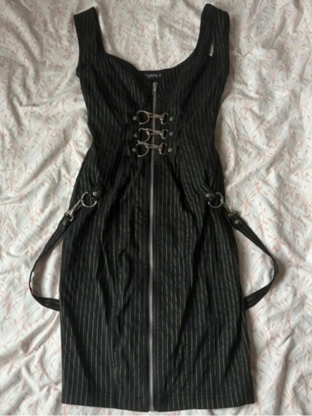 Lip Service Strappy Corset Pinstripe Mini Dress in Black - Picture 4 of 5